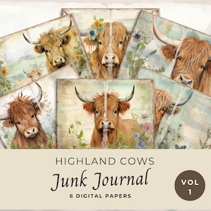 Highland Cow Junk Journal Pages, vol 1, 6 pages de journal numérique, éphémères imprimables, feuille de collage 11 x 8,5, JJ014