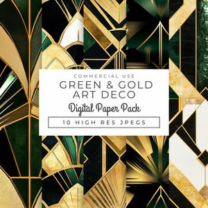 Grün & Gold Art Deco digitale Papiere, sofortiger Download, 1920er Jahre Gatsby-inspirierte nahtlose Muster, geometrische Designs für Hochzeiten, Kunsthandwerk, jpg