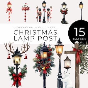 Clipart de poste de luz de Natal, download instantâneo, designs festivos de iluminação pública de feriado com guirlandas, bastões de doces, ursos polares, quebra-nozes e muito mais