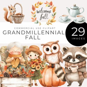 May include: A set of 29 digital illustrations featuring cute woodland creatures, fall foliage, and autumnal elements. The illustrations include a squirrel, owl, raccoon, pumpkin, leaves, and a teapot. The text "Welcome Fall" is featured in the image.