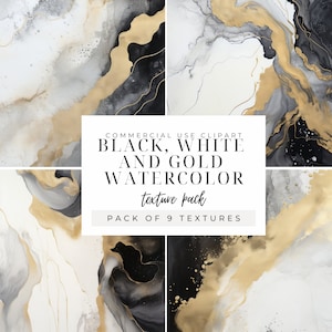 Schwarz, Weiß & Gold Aquarell Texturen, SOFORTIGER DOWNLOAD Anspruchsvolle abstrakte Muster, elegante Monochrome Gold-Designs, schicke Hintergründe