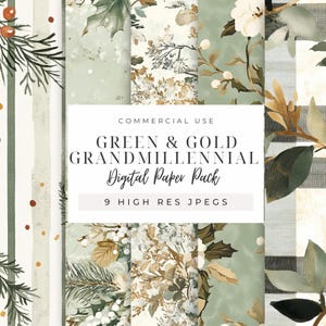 Puede incluir: Un paquete de papel digital con 9 JPEG de alta resolución que presentan patrones verdes y dorados. Los patrones incluyen diseños florales, rayas y una escena de bosque invernal. El texto "Green & Gold Grandmillennial Digital Paper Pack" se muestra en un rectángulo blanco.