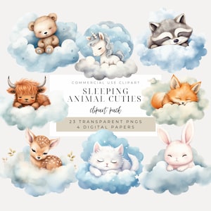 Op de afbeelding: Een set van 23 digitale clipart-afbeeldingen met schattige slapende dieren op wolken. De dieren omvatten een beer, eenhoorn, wasbeer, hooglandkoe, vos, hert, kat en konijn. De afbeeldingen zijn perfect voor het maken van uitnodigingen, kaarten en andere knutselprojecten.