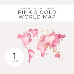 水彩画の世界地図 即時ダウンロード ウェディングマップイラスト、ピンク＆ゴールドの世界地図の抽象的なクリップアート、透明なPNG、旅行、招待状