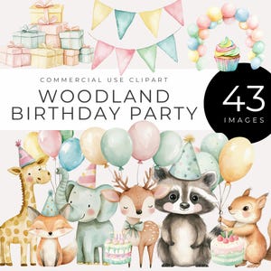 Waldtier Geburtstag Clipart, SOFORTIGER DOWNLOAD, Aquarell niedliche Waldtiere, Luftballons, Kuchen, Geburtstagsfeier lädt ein, Babyparty PNG