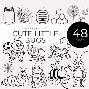 Peut inclure: Illustrations en noir et blanc de différents insectes, dont une abeille, une coccinelle et une chenille. Le texte indique "Cute Little Bugs" et "48 SVGs". Images pour usage commercial.