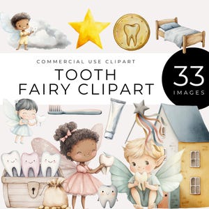 Clipart de Hada de los Dientes, Descarga Instantánea, Hadas Lindas, Dientes Mágicos, Almohada, Moneda, Carta, Hitos Infantiles, Decoración de Consultorio Dental Pediátrico