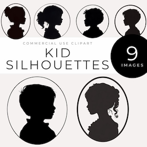 Silhuetas de crianças em moldura oval - Download instantâneo - Perfil infantil, camafeu vitoriano vintage de menino e menina, imagens de retratos históricos