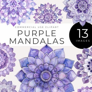 Clipart di mandala viola ad acquerello, download istantaneo, studio yoga, arte zen per meditazione, scrapbooking, decorazioni digitali, inviti per feste, planner