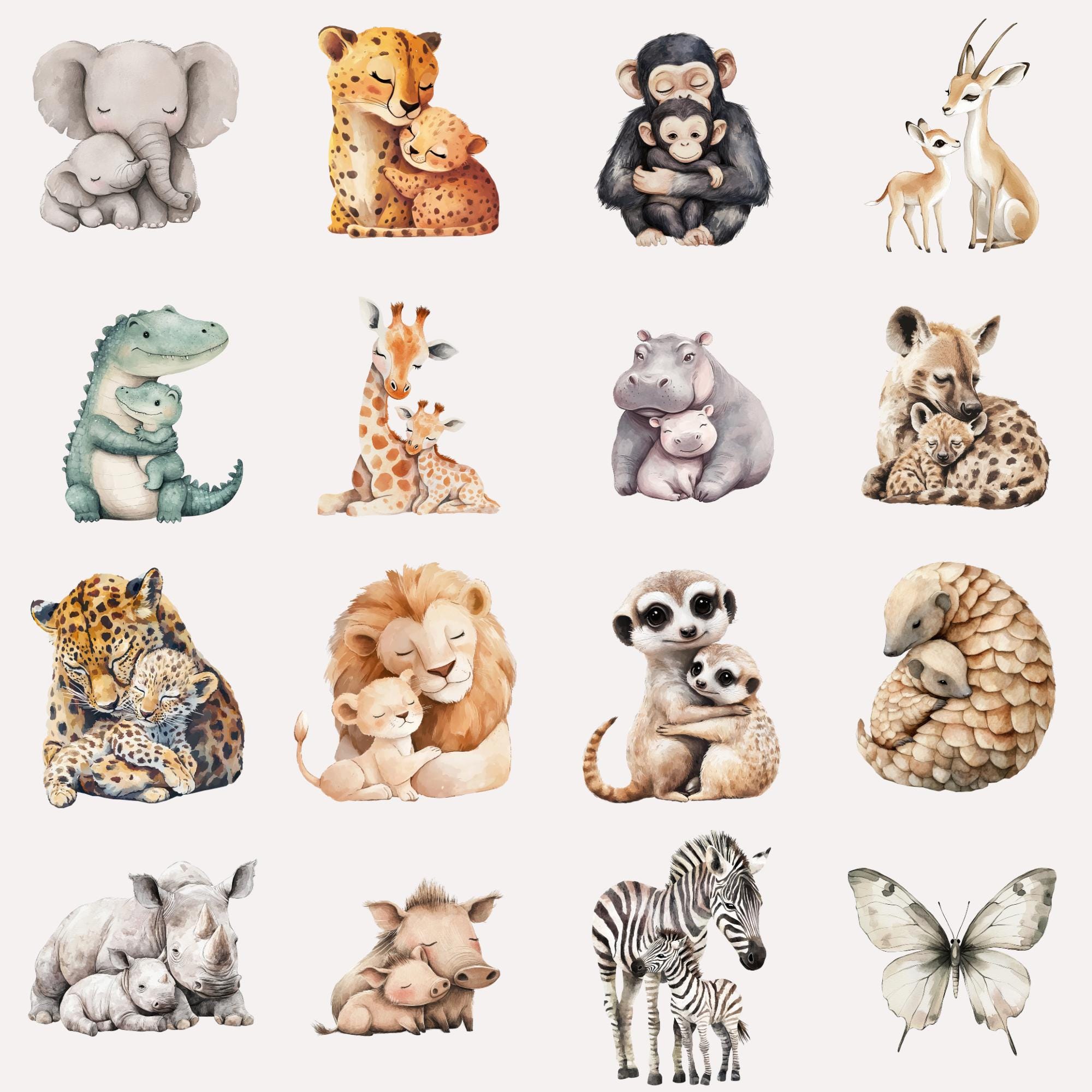Mom and Baby Wild Safari Animals Clipart, Instant Download, Watercolor ...