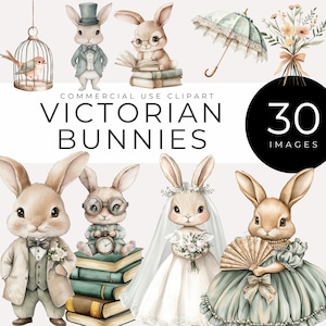 May include: Watercolor illustrations of Victorian bunnies in various outfits and settings. The image includes bunnies wearing suits, dresses, and glasses, along with an umbrella, flowers, and a birdcage. Text reads "Victorian Bunnies" and "30 Images."