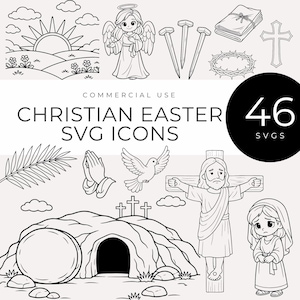 May include: Black and white line art illustrations of Christian Easter SVG icons. The image includes an angel, nails, a cross, a crown of thorns, a dove, praying hands, and the text "CHRISTIAN EASTER SVG ICONS". A black circle displays the number "46".