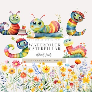 Aquarell Raupe Clipart, SOFORTIGER DOWNLOAD Niedliche Käfer und Wildblumen Grafiken, Spaß & Bunt Kinder Designs für Baby Shower, Kinderzimmer Dekor