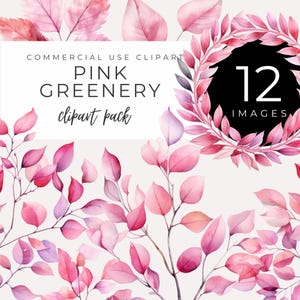 Clipart de folhagens rosa DOWNLOAD INSTANTÂNEO Decoração inspirada na natureza, folhagens e folhas em aquarela, arte com plantas para fazer cartões, scrapbooking, convites
