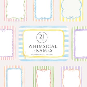 Peut inclure: Une collection de cadres aquarelle aux couleurs pastel variées, dont le rose, le bleu, le jaune et le vert. Chaque cadre présente un design festonné ou en nœud unique. Le cadre central affiche le texte "WHIMSICAL FRAMES" et "21 IMAGES".