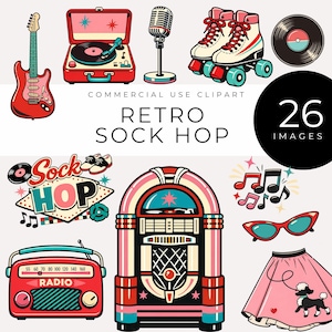 Retro sokhop clipart, jaren 1950 rock-'n-roll party graphics, vintage diner png, jukebox vinyl muziek verjaardag decor, digitale papier achtergrond