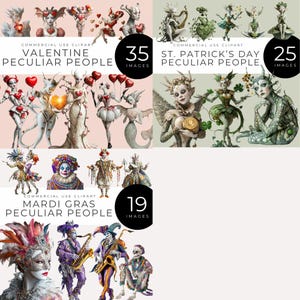 May include: Digital clipart bundle featuring whimsical illustrations of peculiar people for Valentine's Day, St. Patrick's Day, and Mardi Gras. The Valentine's Day set includes 35 images, St. Patrick's Day has 25, and Mardi Gras offers 19 images. Each set includes the text "COMMERCIAL USE CLIPART".