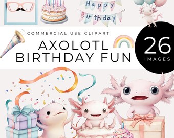 Axolotl Birthday Clipart, Instant Download, Cute Watercolor Party PNG, Celebration, Pastel Amphibian Art, Invitations, Fun Party Graphics