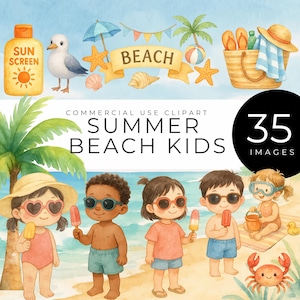 Kind Sommer Strand Clipart, sofortiger Download, Aquarell Kinder, Sandburgen, Eis am Stil, Strandszenen, Ocean Fun PNG, Sommer Handwerk, Partys