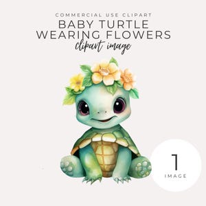 Clipart bébé tortue avec fleurs TÉLÉCHARGEMENT IMMÉDIAT Adorable bébé tortue verte kawaii, fleurs pêche, parfait pour la décoration de chambre d'enfant et les travaux manuels pour enfants