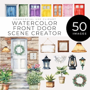 Clipart di una porta d'ingresso con acquerello DOWNLOAD IMMEDIATO Creatore di scene d'ingresso, porte personalizzabili, piante per scrapbooking, inviti, decorazioni per la casa