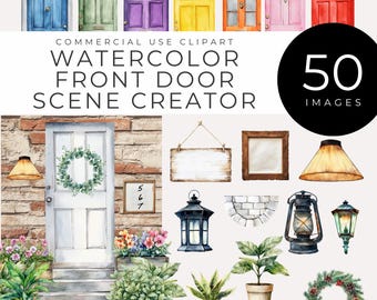Watercolor Front Door Clipart INSTANT DOWNLOAD Home Entryway Scene Creator, Customizable Doors, Plants for Scrapbooking, Invites, Home Décor