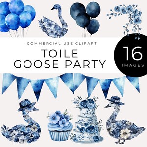 Blaue Toile Gans Party Clipart, Vintage Blumen Ente PNG, französischer Land Cottagecore Geburtstag, Babyparty, digitaler Download Gänse Grafiken