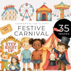 Clipart festivo de carnaval, download instantâneo, jogos de feira de aquarela, palhaço, carrossel, ingressos, comida, crianças e placas para aniversário, convites, decoração