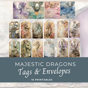 Majestic Dragon Junk Journal Tags & Mini Umschläge, Extras Pack, Digital, Printable Ephemera, Papiermodelle, Collage Sheet 11 x 8.5, JJ004