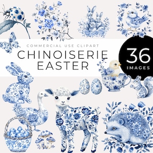 Clipart de Pâques de chinoiseries, téléchargement immédiat, animaux aquarelles bleu et blanc, lapin, poussin, agneau, oeufs floraux, éléments de décoration printanière, Png
