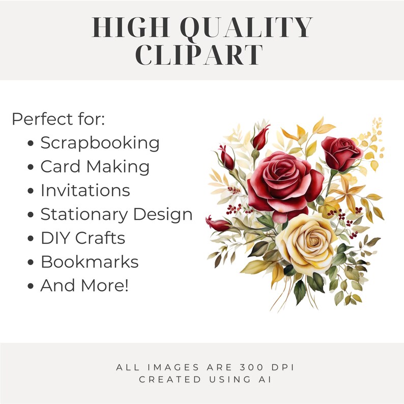 Red and Gold Rose Png INSTANT DOWNLOAD Watercolor Burgundy Clipart for