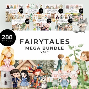 Fairytales Mega Clipart Bundle, Instant Download, Snow White, Goldilocks, Hansel & Gretel, Rapunzel, Jack and Beanstalk, Pied Piper, 3 pigs