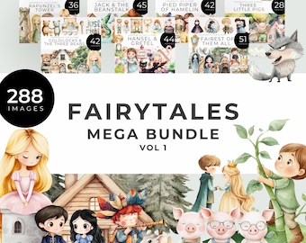 Fairytales Mega Clipart Bundle, Instant Download, Snow White, Goldilocks, Hansel & Gretel, Rapunzel, Jack and Beanstalk, Pied Piper, 3 pigs