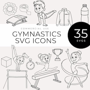Könnte beinhalten: Schwarz-Weiß-Illustrationen von Turngeräten und Athleten. Das Bild zeigt einen Jungen beim Spagat, einen Schwebebalken, eine Trophäe und den Text "GYMNASTICS SVG ICONS". Es gibt 35 SVG-Symbole.