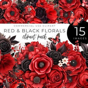 Clipart floral vermelho e preto DOWNLOAD INSTANTÂNEO Buquê gótico e gráficos dramáticos de anêmona e rosa, romance sombrio e designs com tema vintage