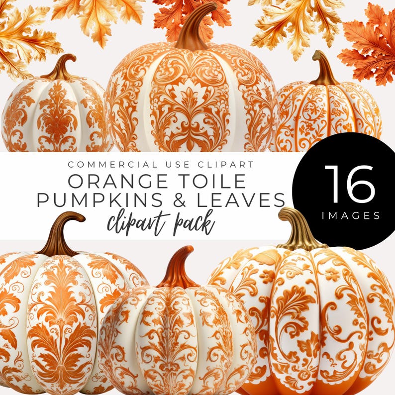 Toile Pumpkin Clipart INSTANT DOWNLOAD White & Orange Graphics, Fall ...