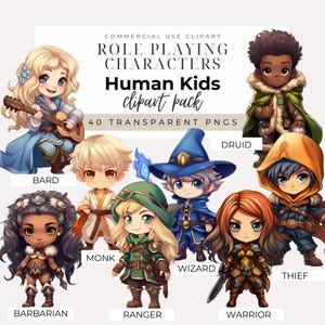 Niedliche Kinder-Rollenspiel-Charaktere Clipart: Mensch, SOFORTIGER DOWNLOAD, Rollenspiel-Kunst, Barde, Barbar, Krieger, Magier, Druide, Mönch, Waldläufer, Dieb