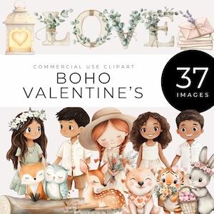 Clipart aquarelle bohème de la Saint-Valentin, animaux bohèmes romantiques, attrape-rêves, lettres d'amour, fleurs, art numérique pour cartes de vœux et décoration de fête