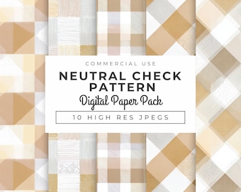 Neutral Checkered Digital Papers, Instant Download, Seamless Beige, Cream, Tan Gingham & Plaid Patterns, Rustic Farmhouse Backgrounds, Check