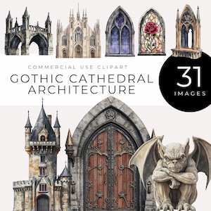 May include: A set of 31 watercolor illustrations of Gothic cathedral architecture. The illustrations include a bridge, a church, a door, a window, a gargoyle, and a tower.  The illustrations are perfect for creating digital or physical designs.