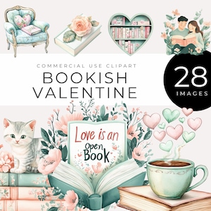 Clipart de San Valentín con tema de libros, descarga instantánea, libros románticos en acuarela y pastel, rosas, imágenes en forma de corazón para álbumes de recortes, manualidades, tarjetas