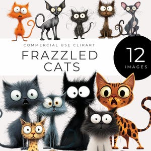 Frazzled Cat Clipart, INSTANT DOWNLOAD, Quirky Whimsical Kitty & Feline Illustrations for Scrapbooks, Junk Journals, Crafts, Cards, Invites