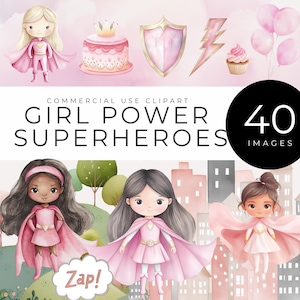 Clipart fofo de super-heroína rosa, download instantâneo, PNGs de poder feminino empoderador com capas, máscaras, cenas e decoração de festa para aniversários, artesanato