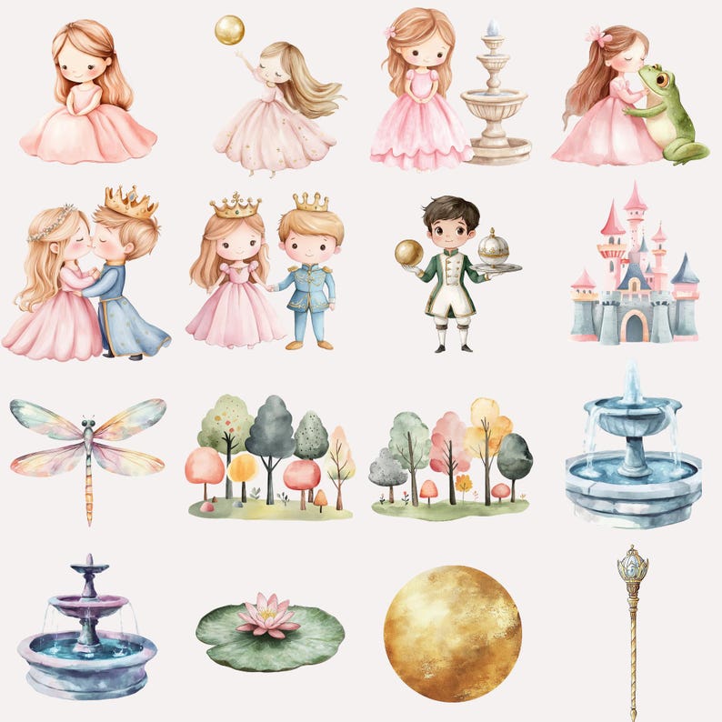 Pu&ograve; includere: Un set di illustrazioni ad acquerello che raffigurano una principessa, un principe, un castello, una libellula, una fontana, una ninfea, un globo dorato e un albero. Le illustrazioni sono in uno stile fantasioso e sono perfette per aggiungere un tocco di magia a qualsiasi progetto.