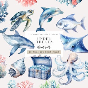Clipart de ballena en acuarela (DESCARGA INSTANTÁNEA) Diseños de animales marinos, caballitos de mar, cangrejos y pulpos (PNG), invitaciones y decoración para baby shower.