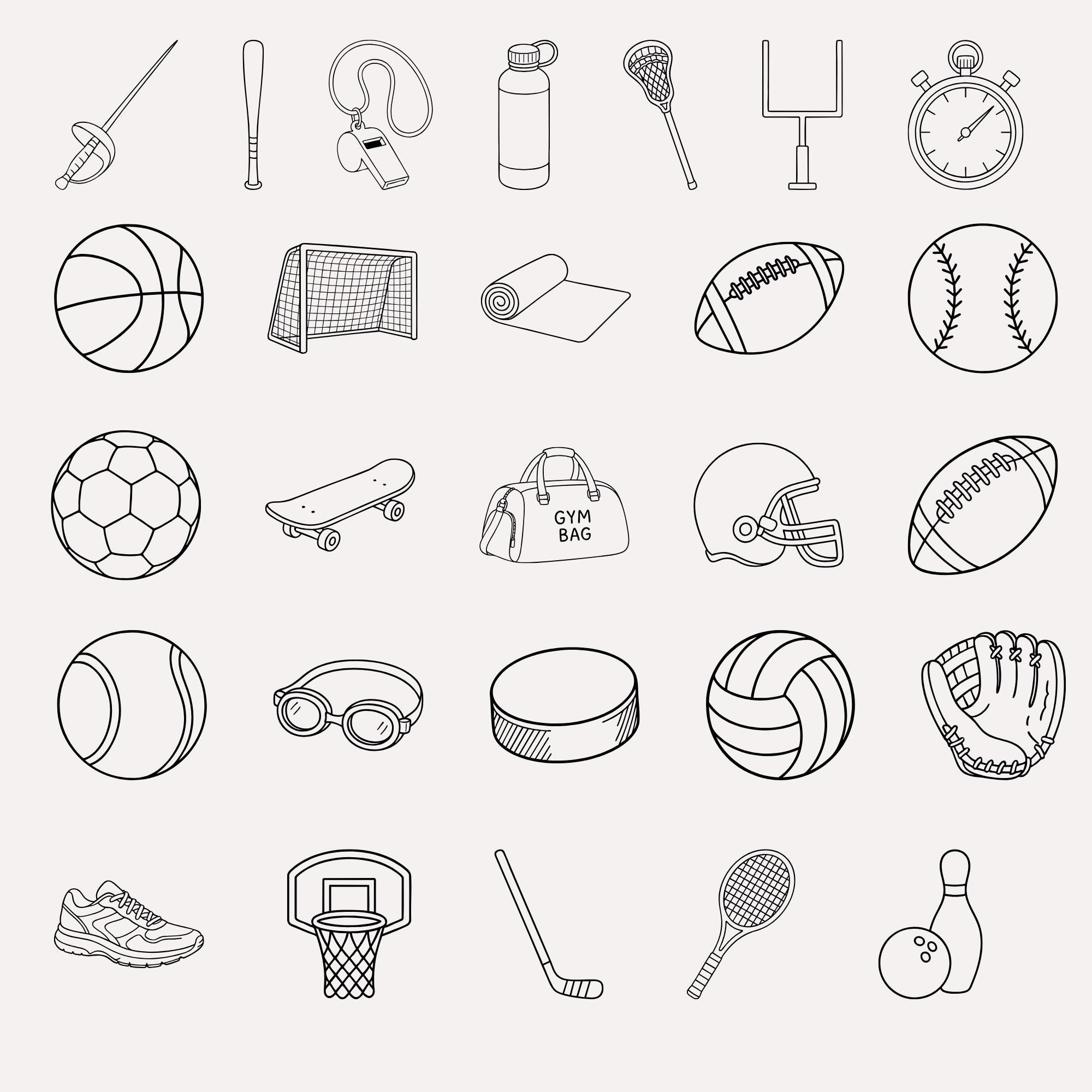 Cute Sports SVG, Black & White Monoline Line Art Icons, Outline 
