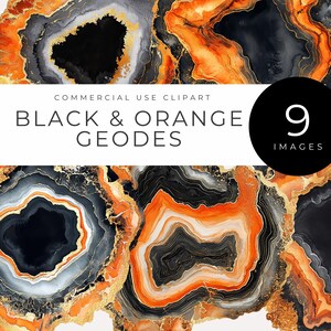 Op de afbeelding: Negen digitale afbeeldingen van zwarte en oranje agaat geode patronen met gouden accenten.  Clipart voor commercieel gebruik.
