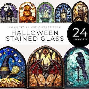 May include: A collection of 24 Halloween-themed stained glass images. The images feature various spooky designs, including a haunted house, jack-o'-lanterns, a witch's cauldron, a clock tower, an owl, a witch's hat, a bat, and a raven. Text reads "Halloween Stained Glass".