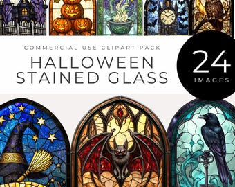 Halloween Stained Glass Clipart, Instant Download, Gothic Spooky Window PNG, Haunted House, Pumpkins, Ghost, Bat, Witchy Digital Art, Crafts