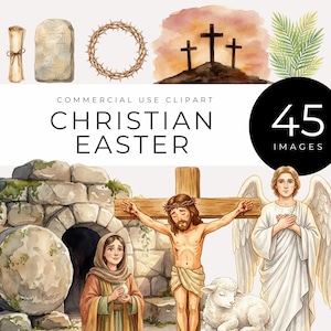 Könnte beinhalten: Eine Aquarellillustration mit christlichen Ostermotiven. Dargestellt sind eine Schriftrolle, eine Steintafel, eine Dornenkrone, Kreuze auf einem Hügel und Palmwedel. Das Bild zeigt auch die Kreuzigung, einen Engel und den Text "Christian Easter".